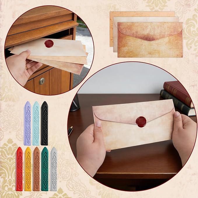 42 Pcs Vintage Paper and Envelopes Set Including 15 Envelopes Sealing 15 Writing Stationery Paper Letter 8 Wax Sticks 2 Tea Candles Wax Spoon and Seal Stamp for Stamp, Parcels, Invitations