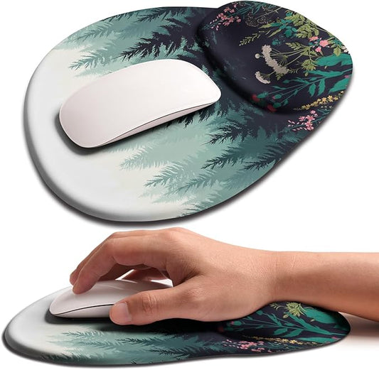 Palm-Rest and Wrist-Hugging Mouse Pad Wrist Rest, Ergonomic Wrist Support with Curve Fitting Cushioned Memory Foam for Carpal Tunnel Pain Relief, 9.9 x 8.3 Inch, Misty Forest