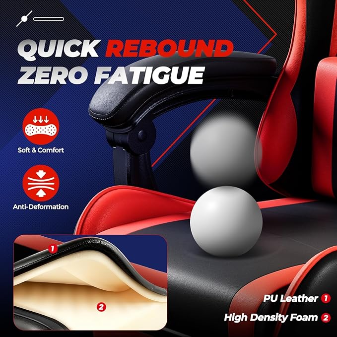 Auto Dynasty Ergonomic Gaming Chair, High-Back Office Chair w/Adjustable Lumbar Support, Linkage Armrest, Headrest & Footrest, 350LBS Recliner Swivel Computer Game Racing Chair, Red/Black