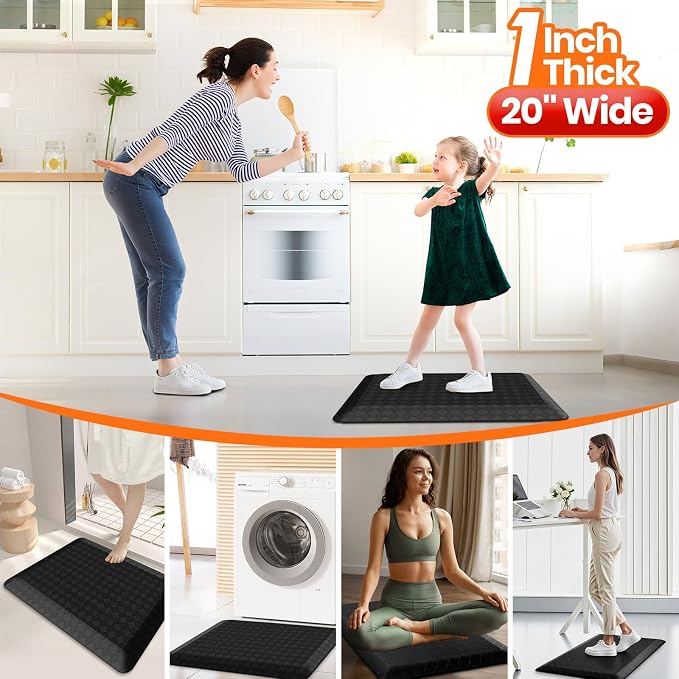1" Thick Kitchen Mats for Floor, Water Resistant Floor Rug,Black/24" x 20" | Non-slip, Heavy Duty, Anti Fatigue Kitchen Rugs, Standing Desk Mat for Friends, Home, Office, Kitchen