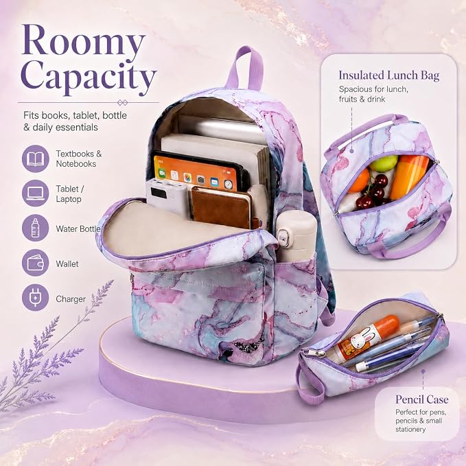 Bluboon Teens Backpack Set Girls School Backpack Lunch Box Pencil Bags Student Bookbags 3 in 1 (Green Marble)