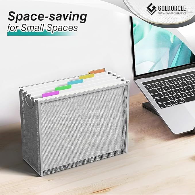 Hanging File Organizer, Letter-Size File Holder Filing Box with 5 Hanging Folders, Metal Mesh Desk File Folder Storage(No Assembly Required) (Silver, with 5 Grey Folders)