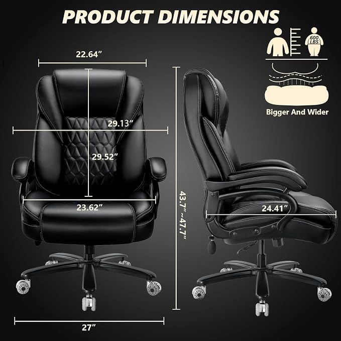 600lbs Big and Tall Office Chair with Pocket Spring Cushion, Ergonomic Heavy Duty Executive Office Desk Chair with Adjustable Lumbar Support, Large Comfy Computer Chair with Dual Rubber Wheel