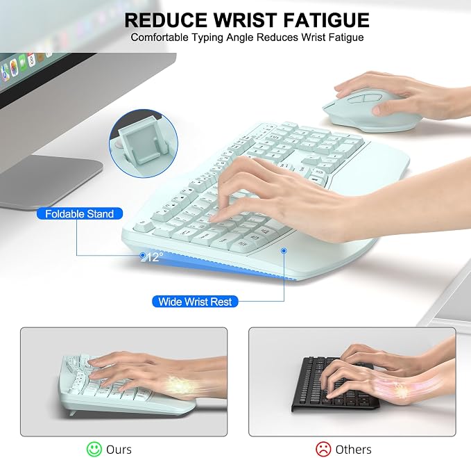 Wireless Keyboard and Mouse Combo, 2.4G Full Size Wave Keys Ergonomic Keyboard with Wrist Rest and 3-Level DPI Adjustable Wireless Ergonomic Mouse for Windows, Mac OS Desktop/Laptop/PC(Mint Green)