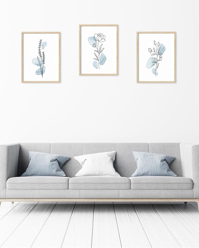 HesenDot Boho Art wall Décor,Botanical Print Set of 3, Blue Gallery Wall art,Abstract Line Watercolor Floral Home Decor,living room,bedroom
