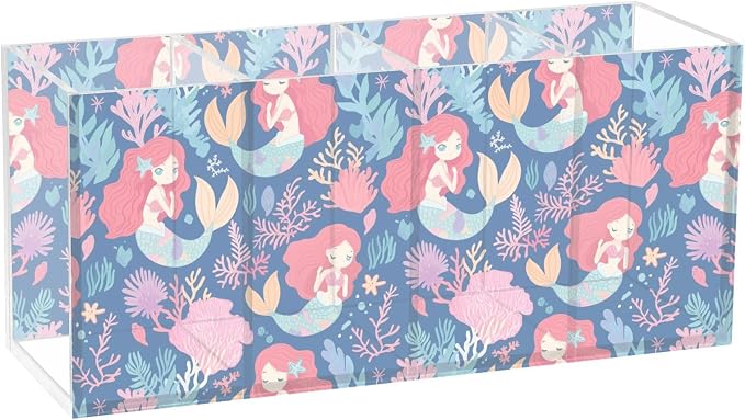 Cute Mermaid Acrylic Pen Holders Coral 4 Compartments Clear Makeup Brush Organizer, Flatware Holder