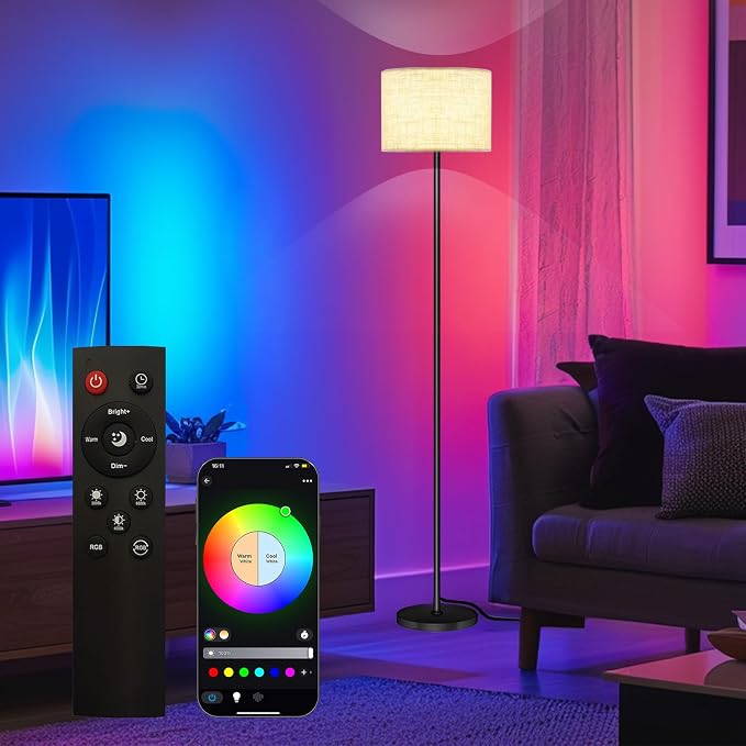 Qaubauyt Smart LED Floor Lamp with APP Control & RGB Colors - Dimmable Standing Lamp for Living Room, Bedroom, Gaming - Remote, Timer, 9W Bulb Included, 60.6" Modern Tall Lamp (Beige)
