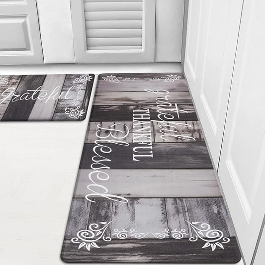 HEBE Anti Fatigue Kitchen Mat Set of 2, Cushioned Kitchen Mats for Floor | Non Slip Waterproof Kitchen Rug and Runner Set, Farmhouse PVC Foam Comfort Mat Floor Carpet for Sink, Standing Desk, Laundry