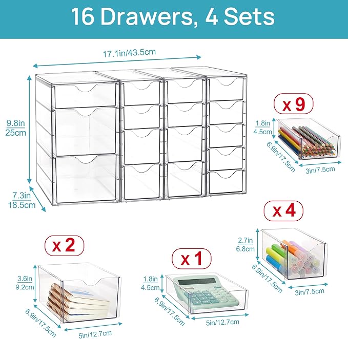 Vtopmart 4 Set Acrylic Desk Organizer with 16 Drawers for Office, Makeup | Clear Storage Drawers for Office Supplies, Desktop Organization for Makeup, Jewelry, Art Crafts, Bead, Pen, Stationary