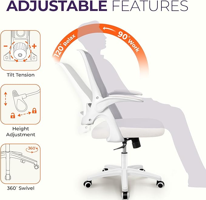 NEO CHAIR Office Desk Gaming Ergonomic Computer Chair with Lumbar Back Support Adjustable Height Swivel Rolling Wheels Flip-up Arms Mesh Chair for Home Vanity (Ivory)