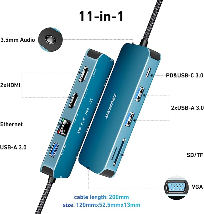 BENFEI 11-in-1 USB C Hub Triple Display Docking Station Dual HDMI, VGA, 3*USB 3.0, 1Gbps Ethernet, 100W Power Delivery, SD/TF Card Reader, 3.5mm AUX Audio Compatible with MacBook XPS Surface