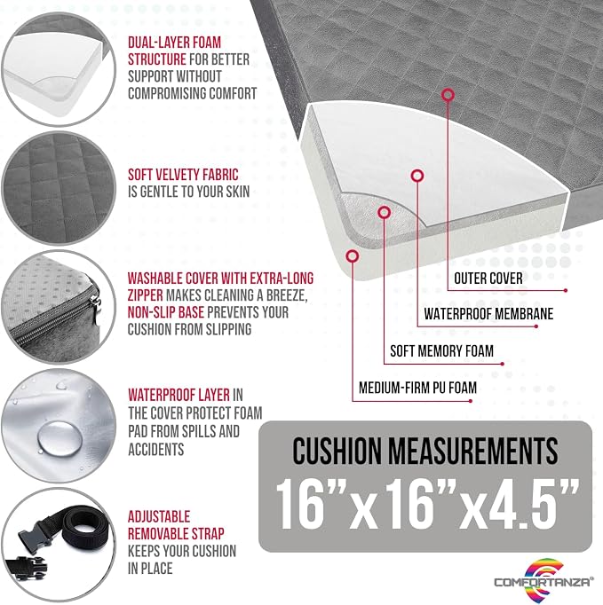 Booster Cushion for Adults - 16x16x4.5 Medium-Firm Seat Cushion for Home, Office, Wheelchair, Car - Washable Velvety Cover with Waterproof Layer & Removable Strap, Non-Slip Base - Beige