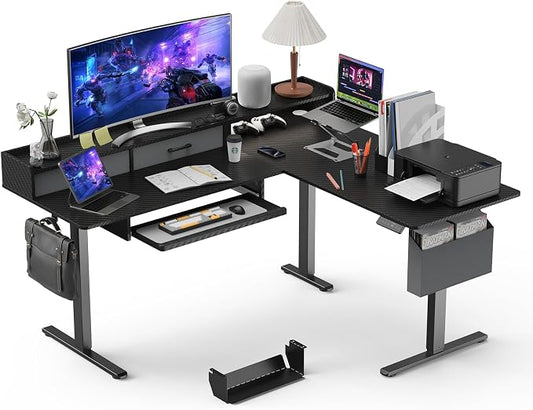 WALKINGDESK 63 Inches L Shaped Standing Desk with Keyboard Tray and 2 Drawers, L Shaped Electric Standing Desk, Adjustable L Shaped Office Desk,Corner Standing Desk for Home Office, Black