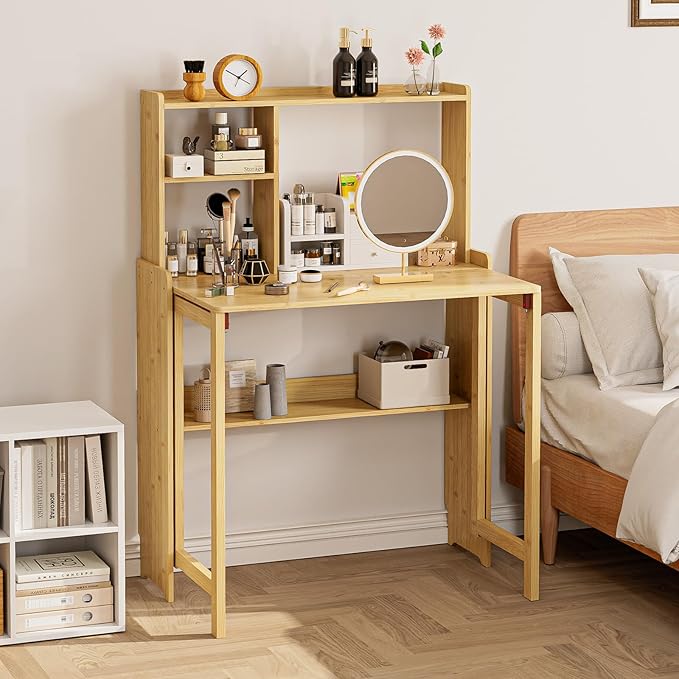 Bamboo Folding Desk for Small Spaces with Storage, Mid Century Foldable Desk with Bookshelf, Small Desks with Storage for Home Office Bedroom, Natural