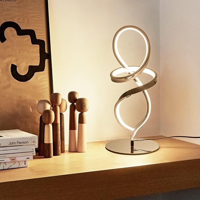 Mayful Modern Table Lamp with LED Unique Spiral Design, Small Nightstand Lamp with Stepless Dimming Switch, Chrome Bedside Lamps for Bedroom, Nightstand, Living Room, Office, 12W 3200K Warm White