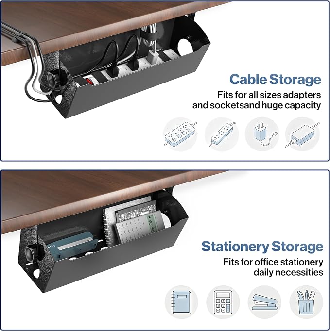 POCHAR Under Desk Cable Management Tray, 15" Power Strip Holder | Heavy Duty 1.7mm Steel Wire Organizer with 9-Cord Routing Openings, Screw Mount Cord Management for Standing Desk Home Office