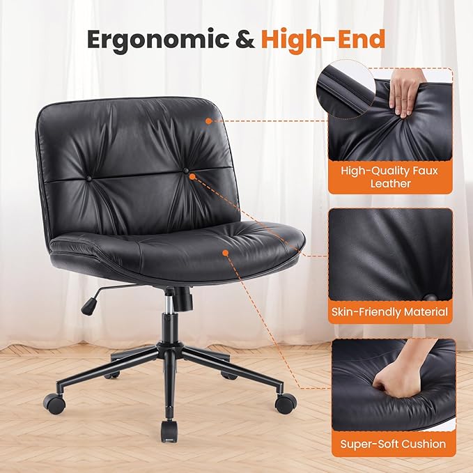 Sweetcrispy Armless-Office Desk Chair with Wheels, Cross Legged Wide Chair, PU Leather Comfortable Adjustable Swivel Computer Task Chairs for Home,Office,Make Up,Small Space,Bed Room Black