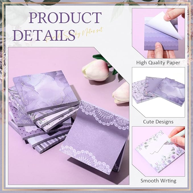 9 Pcs Aesthetic Sticky Notes Cute Pastel Self Stick Notepads Easy to Post Desk Supplies for Home Office Decor School Accessories Women Birthday Coworker Gifts(Purple)