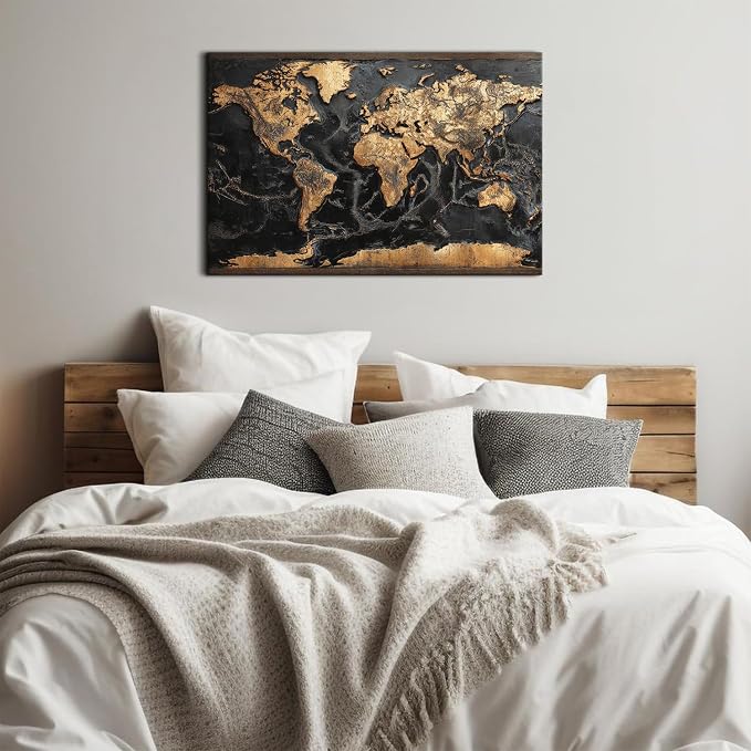 AREBOLO Modern Men Office Wall Art World Map Wall Decor Black and Gold Map of the World Picture Canvas Prints Poster for Living Room Home Decorations 24x36”, Retro Abstract Nautical Painting Artwork