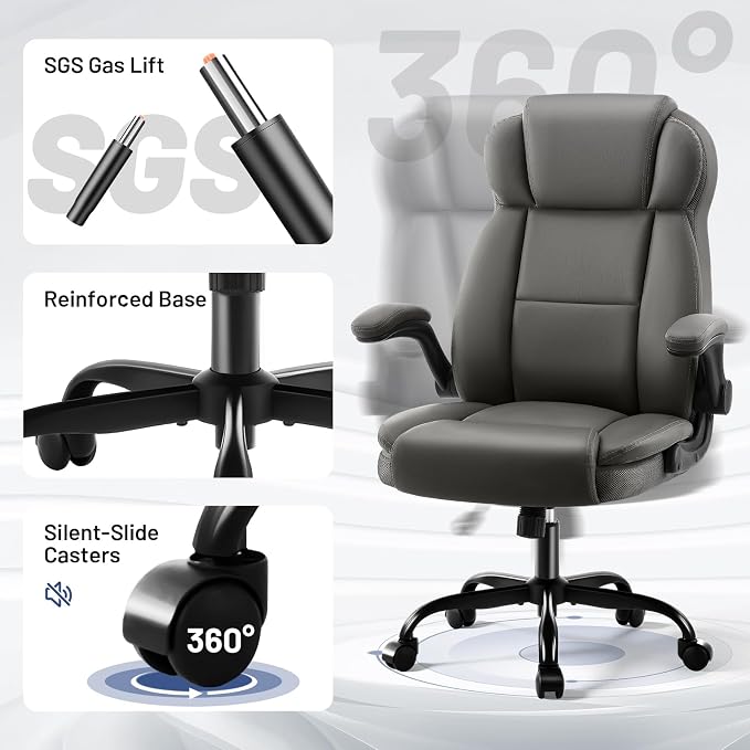 AreShark Ergonomic Office Chair with High Back Headrest,PU Leather Executive Desk Chair Padded Flip-Up Armrests,Lumbar Support,Swivel Computer Chair for Home Office & Gaming,Gray