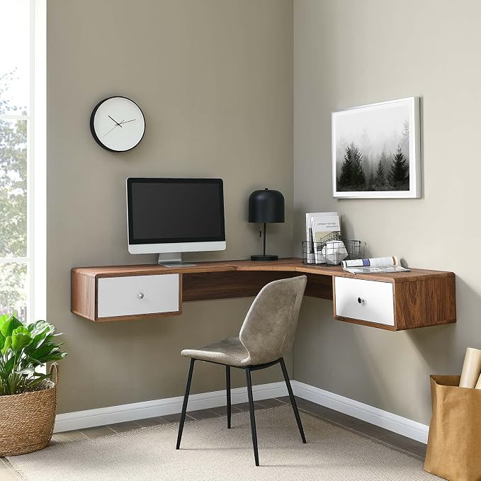 Modway EEI-5863-WAL-WHI Transmit 55" Wall Mount Corner Wood Office Desk, Walnut White