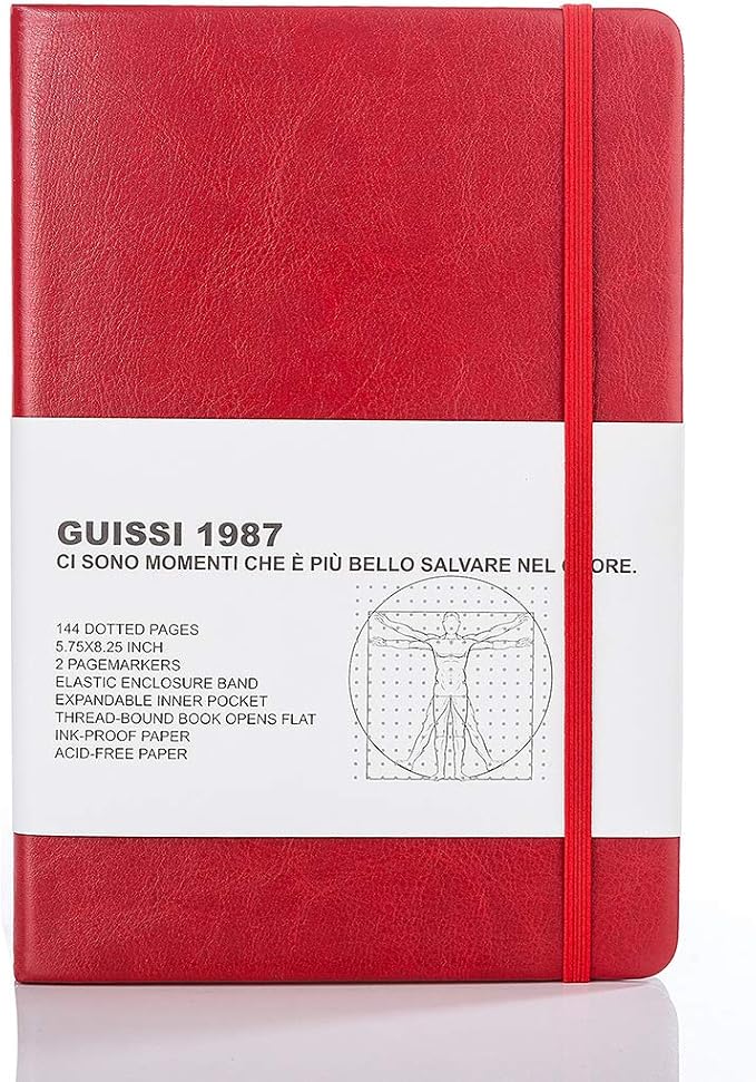 Guissi Classic Dotted Grid Bullet Notebook Journal Dot Hard Cover A5 Premium 80gsm Thick Acid-Free Paper with Fine Inner Pocket Faux Leather Office School Supplies 144 Pages Designed in Florence