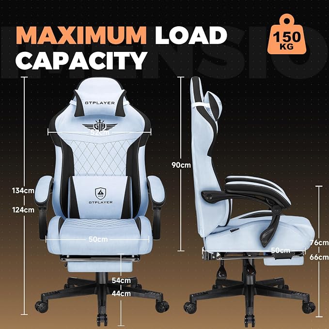 GTPLAYER Gaming Chair with Footrest, Ergonomic Office Chair 400lbs Heavy Duty, Big and Tall Computer Desk Chair with Lumbar Support and Headrest, Breathable Plush Fabric, 90-155° Recline Light Blue