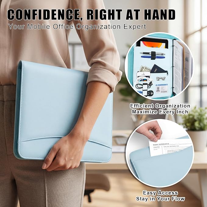 OOWOLF Padfolio Portfolio Folder, PU Leather Professional with 1 inch 3 Ring Binder 8.5 x 11 Letter Size Writing Pad Interview Resume Document Organizer Business Card Holder Zippered Closure Blue