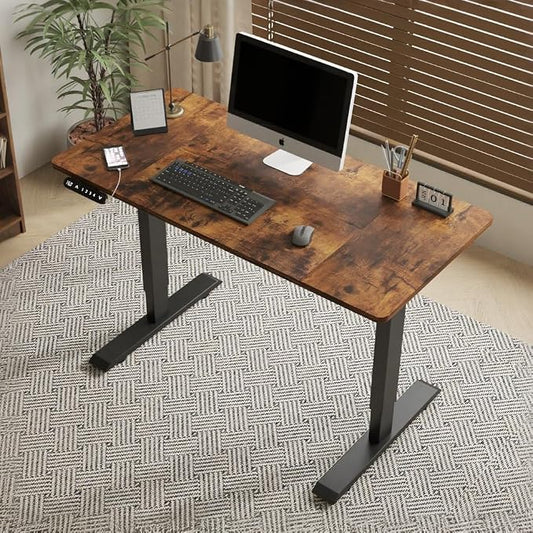 Height Adjustable Electric Standing Desk, 55x24 Height Stand Up Computer Desk,Sit and Stand Home Office Desk with Splice Board (Rustic Brown Top, Black Frame)