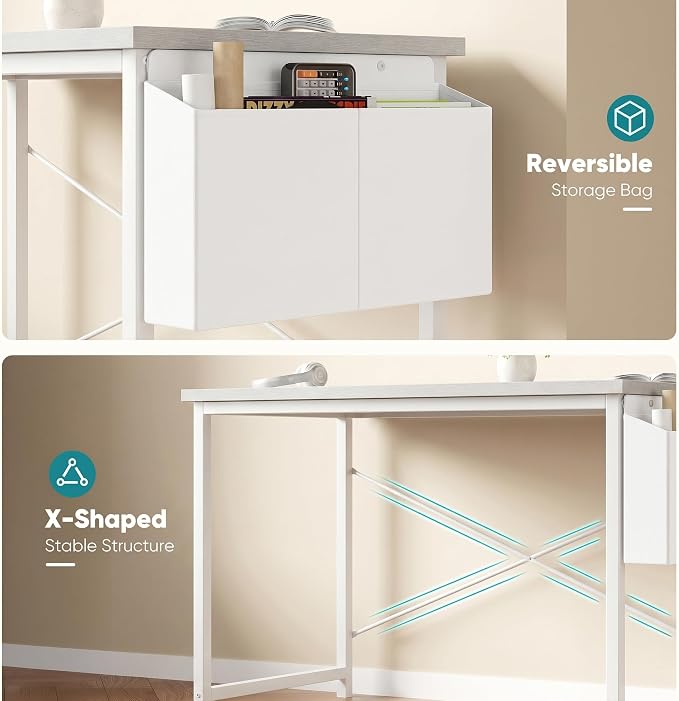 OLIXIS Computer Desk, 44 Inch Home Office Desks for Small Spaces, Writing Craft Study Gaming Table for Bedroom, Modern Computer Workstation with Storage Bag and Headphone Hook, White