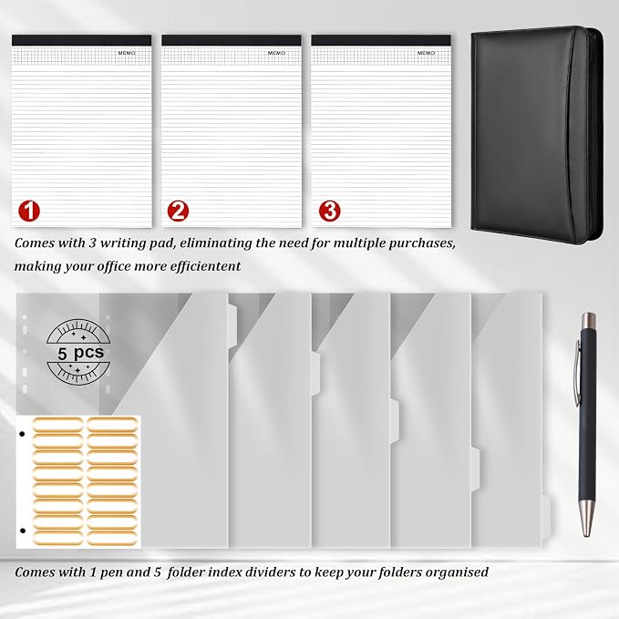 Leathario Portfolio Binder, Includes 10 Sheet Protectors and 3 Notepads, 3-Ring Folder Organizer, A4 Padfolio with Zipper, Vegan Leather Tablet Sleeve, Business Office Conference Clipboards