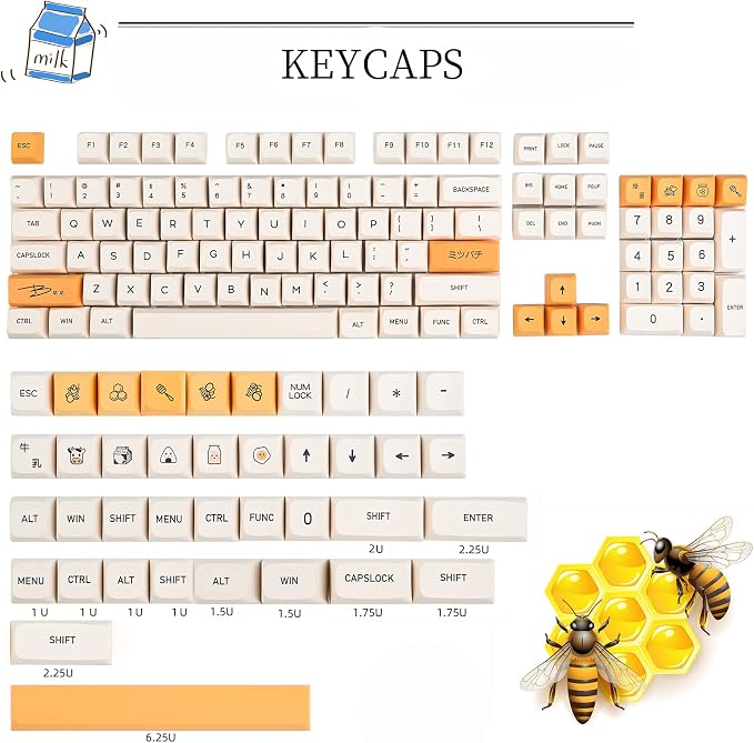 Guffercty kred 140-Key Honey Milk PBT XDA 65% TKL Keycap Set for 100% 60% Mechanical Keyboard (Honey Milk-English)