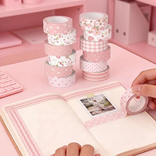 12 Rolls Watercolor Floral Washi Tape Set 15 mm Vintage Flower Decorative Masking Tape for Summer School Arts DIY Craft Scrapbook Journal Supplies Gifts(Pink,Sweet)