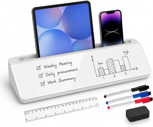 Desktop Whiteboard, Glass Dry Erase Board, Desk Board Buddy,Computer Keyboard Stand,Desk Whiteboard Organizer for Home,Office,School Supplies(White)