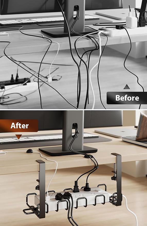 Cable Management Tray Under Desk 15.8'' - 4mm Wire Sturdy Cord Organizer for Desk Accessories - Cord Organization with Clamp No Drill - Standing Desk Accessories for Home Office