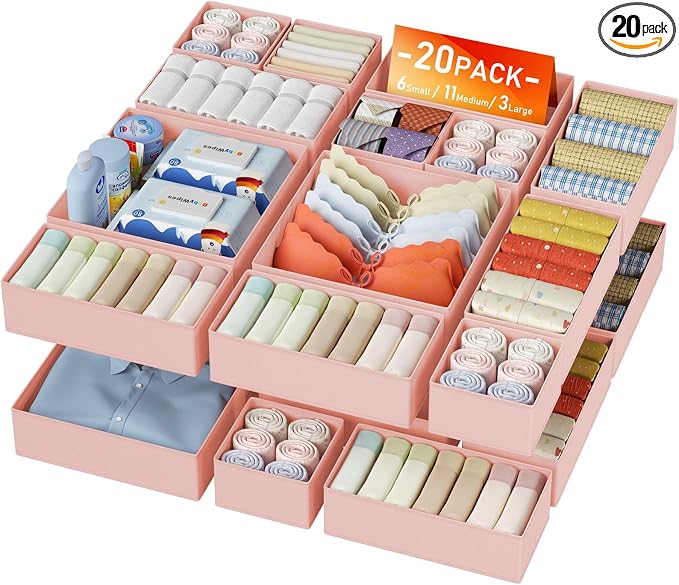 DIMJ Drawer Organizer Clothes 20 Pack - Foldable Baby Organizers and Storage & Dresser Organizer for Bedroom, Closet - Nursery Organization Dresser Dividers for underwear, Sock,Bra, Belt, Tie, Pink