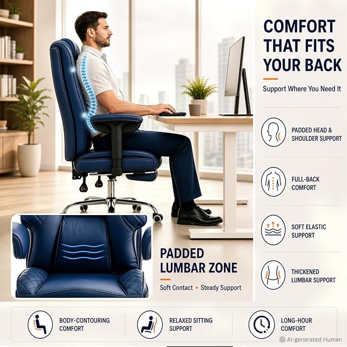 Big and Tall Office Chair，Heavy Duty Wide Executive Office Chair (Blue) | Breathable Leather，Double-layered Backrest，Seat Cushion Designed of Deluxe Embroidery Leather，Foot Rest, Adjustable Armrests
