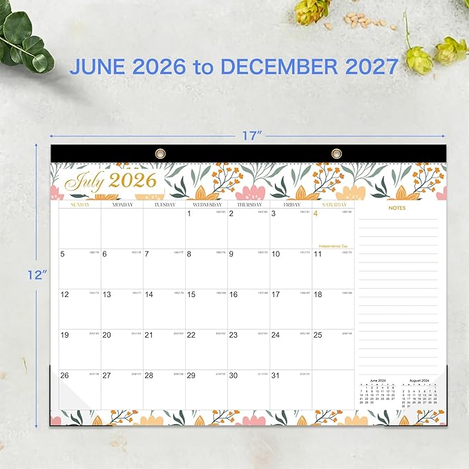 Desk Calendar 2026-2027 - 19 Month Desk Calendar july 2026-2027 Dec, 17" x 12", Large Monthly Desktop Calendar with Plastic Cover, Thick Paper, Corner Protectors - Floral (2 Stickers Included)
