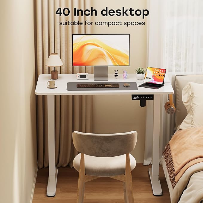 Small Electric Standing Desk, 40" ×20" White Standing Table, Height Adjustable Compact Sit Stand Desk with Splice Board, Home Office Table with 2 Hooks