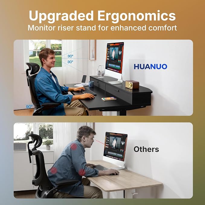 HUANUO 32 x 21 inch Small Electric Standing Desk with 2 Drawers, C-Clamp Mount Compatible, Height Adjustable Sit Stand Desk, Home Office Stand Up Desk with 4 Memory Height Settings, Black