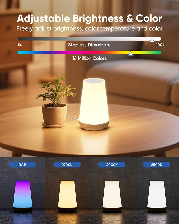 Smart Table Lamp Compatible with Alexa, Dimmable Nursery Night Light with App/Voice Control & Music Sync, RGB Warm Light Bedside Lamp for Kids with Timer, Cable and Adapter Included