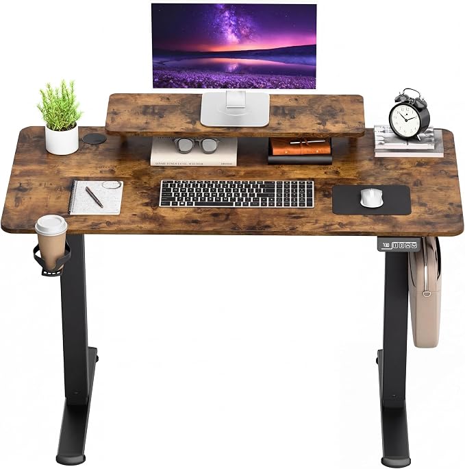 Furmax Electric Standing Desk, 55 x 24 Inches Sit Stand up Desk, Sit Stand Height Adjustable Home Office Desk with Monitor Stand (Rustic Brown, 47)