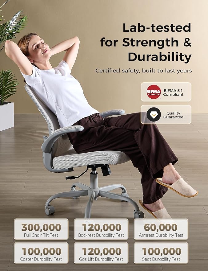 Small Mesh Office Chair with Flip-Up Arms, Ergonomic Desk Chair | Adaptive lumbar contour, 2.8inch dual-density foam and quiet casters aid computer work; 90° folding design tucks under table