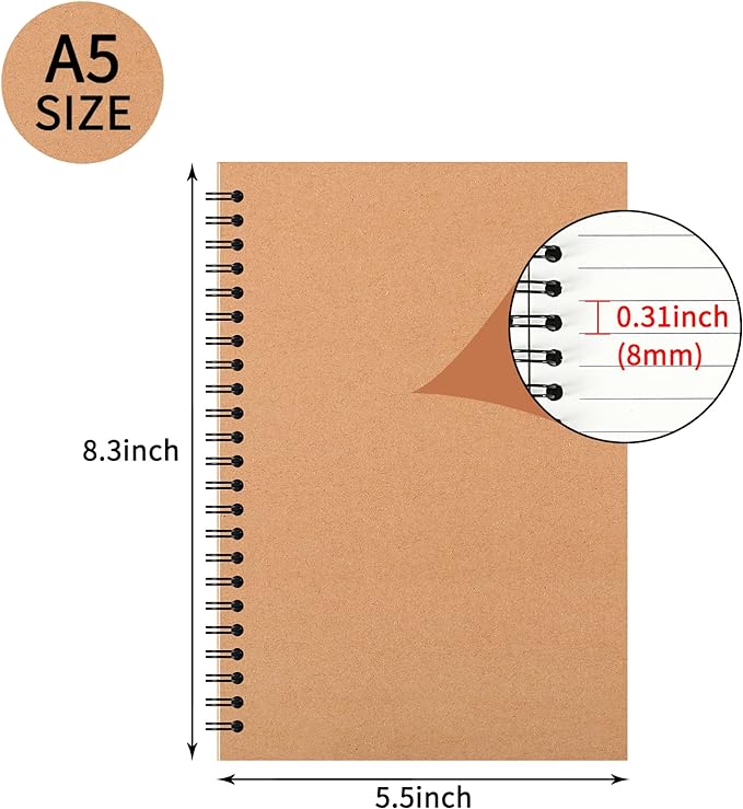 48 Pcs A5 Spiral Notebooks Journal with Kraft Cover, 5x8 Inches, Ruled Lined Paper, for Work, Sketches, Study, Notes Taking, Gifts, Brown (48 PCS(Lined))