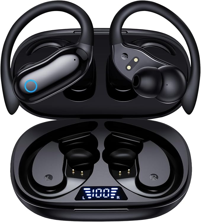 GNMN Active Noise Cancelling Ear Buds AI Translation Wireless Earbuds 96hrs Playback Bluetooth Headphones Dual Battery Display Stereo Bass Earphones with Earhooks Microphone for Sports/Runing/Workout