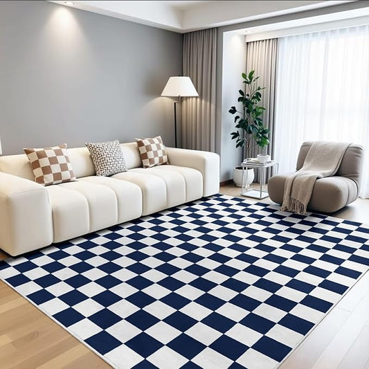 Terrug Navy and White Checkered Rug for Bedroom,3x5 Area Rugs Washable with Non Slip for Living Room,Soft Low Pile Stain Resistance Retro Carpet for Dorm Kids Room