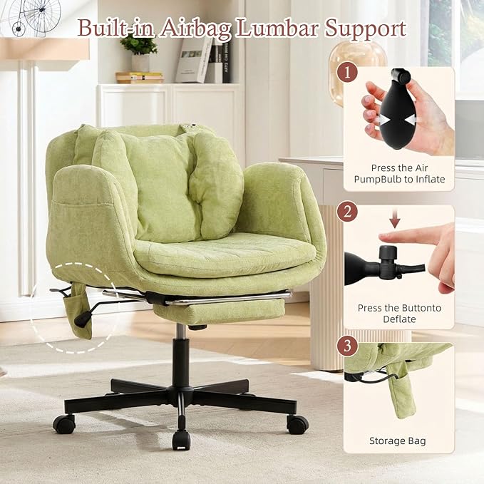 Criss Cross Office Chair with Footrest and 5-Gear Adjustable Arms, Green | Wide seat cross-legged desk chair, flip lumbar pillow, airbag support, linen fabric, for home office, vanity and meditation