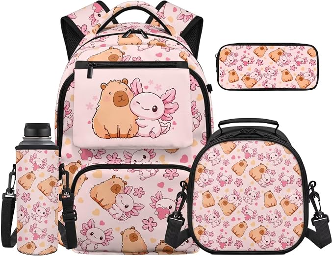 WELLFLYHOM Pink Capybara Axolotl Backpack Set for Girls Ages 8-12 | Full School Set with Insulated Lunch Box, Pencil Case and Water Bottle Holder, Suitable for Elementary and Junior Grades