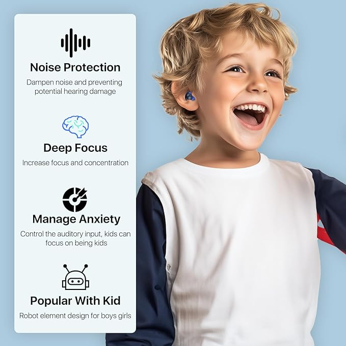 Kids Ear Plugs (6-12 yrs) - Reusable Noise Relief Earplugs for Boys Girls Adults with Small Ear Canals, Ear Protection for Focus, Travel, Anxiety, School, Home, Playtime, 26 dB Noise Reduction, BU