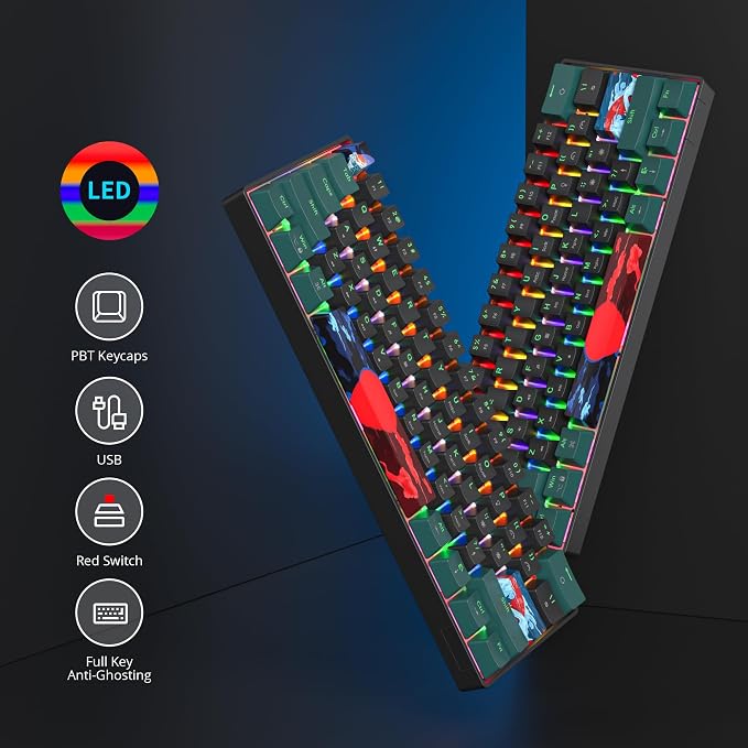 60 Percent Gaming Keyboard 61 Keys Mechanical Keyboard Rainbow Backlit Ultra Compact Wird Keyboard with Red Switches for Win Ps4/5 Xbox(61 Green)